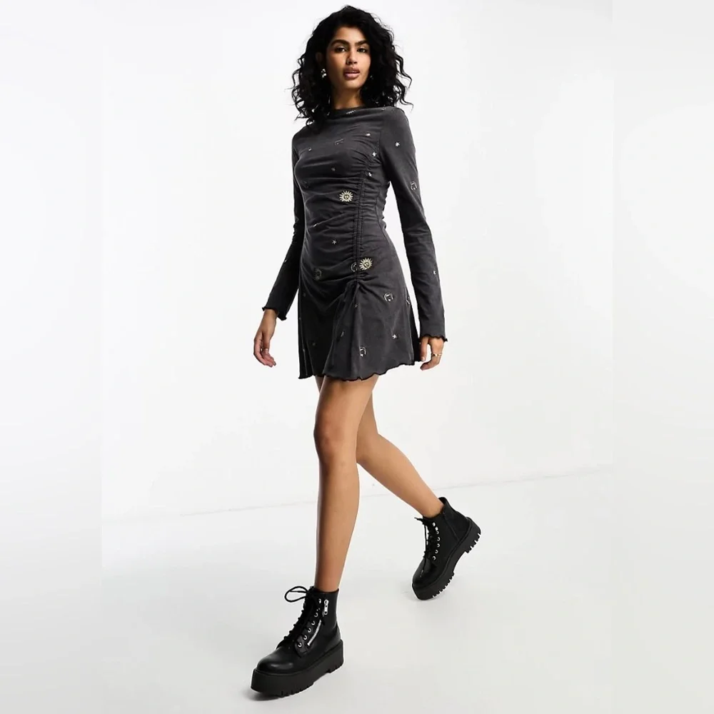 ASOS long sleeve mini dress with sun and moon embroidery sz 10 - Picture 1 of 9